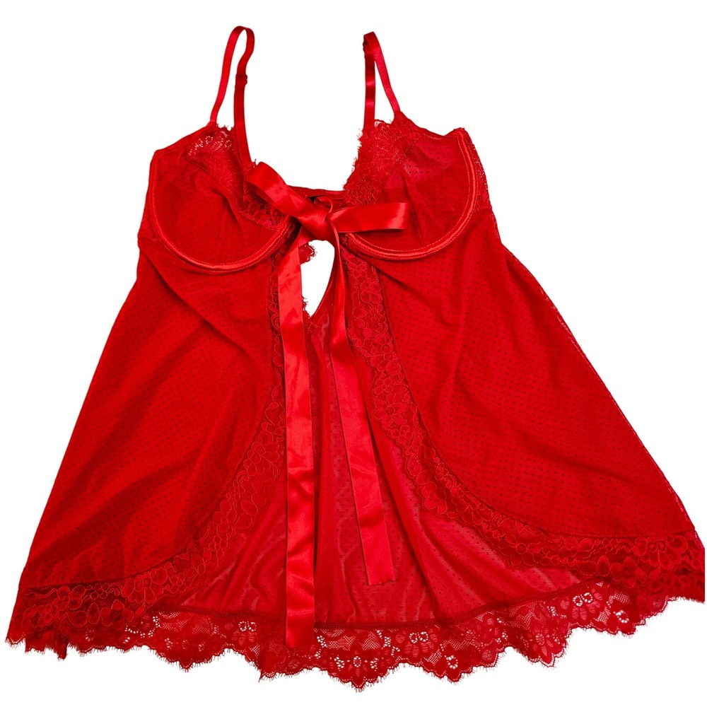 Bewicked Red Swiss‎ Dot Sheer Mesh Babydoll Lingerie Top Lace Trim Underwire 2X